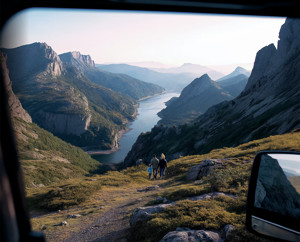 Une famille profite d’une balade en van compact Challenger, symbole de partage, d’aventure et de liberté sur la route.